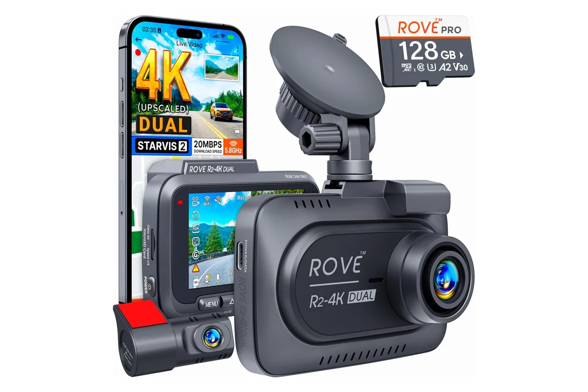 ROVE R2-4K Dual dash cam with front camera, rear camera and 128GB microSD card