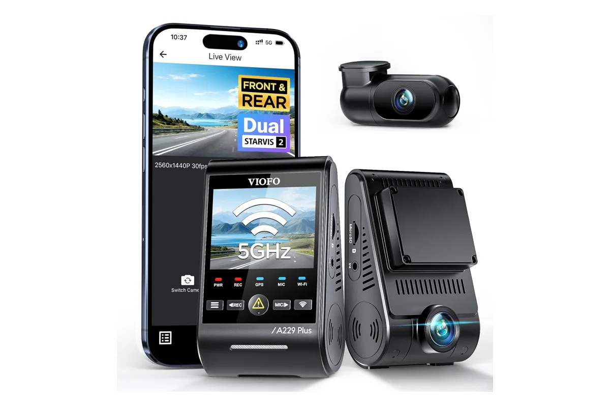 VIOFO A229 Plus front and rear dash cam with the rear camera and app live view