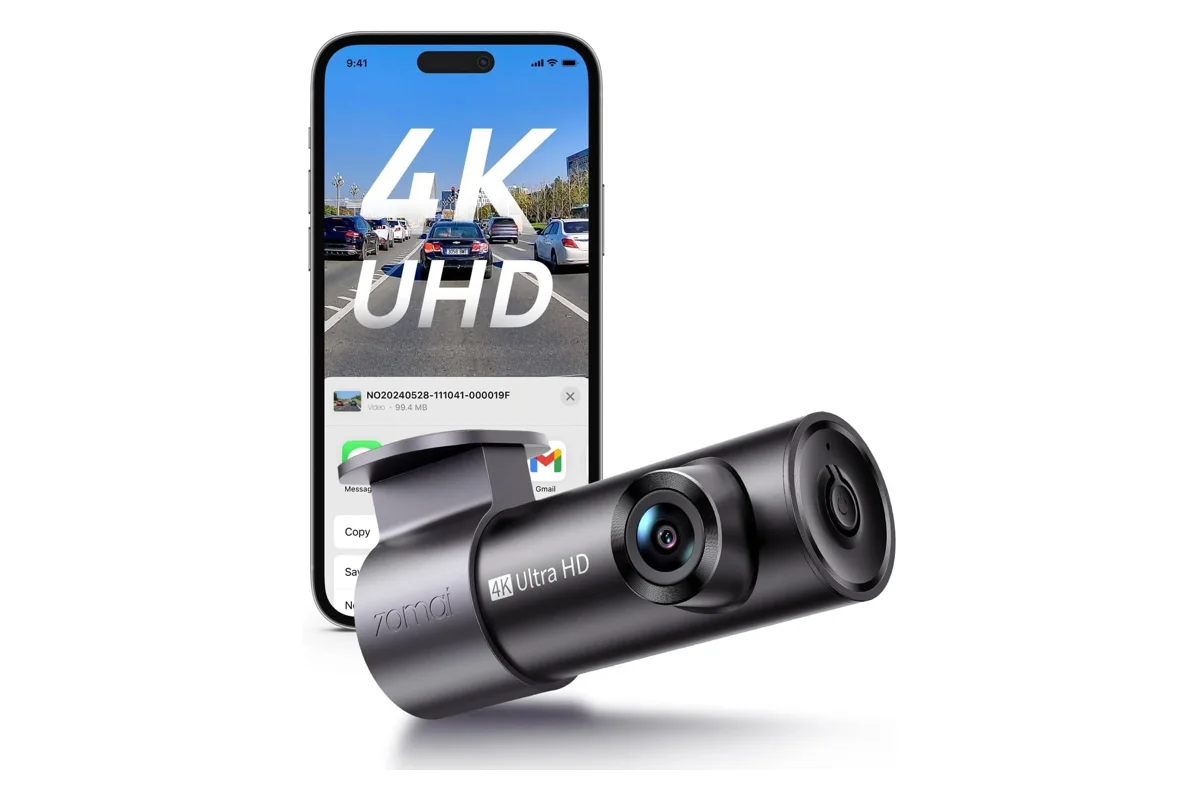 70mai M310 Plus 4K compact dash cam with its mounting bracket